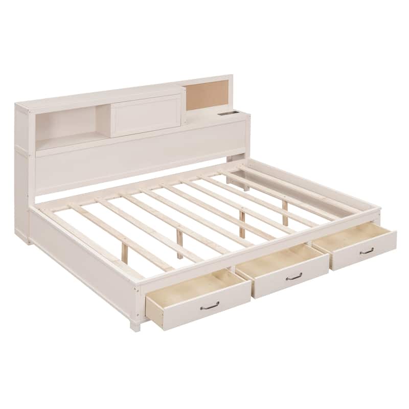 Multifunctional Wooden Daybed Featuring 3 Storage Drawers,Open Shelf, and Built-In Power Outlets with USB Ports‌