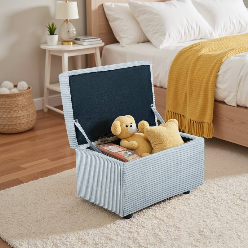 25 in.W Corduroy Upholstered Flip Top Storage Ottoman Footstool w/ Hide Hidden Storage & Solid Wood Legs