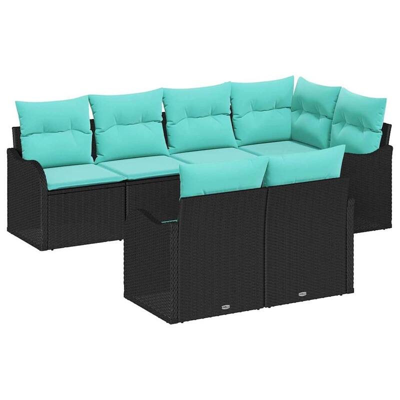 vidaXL 7 Garden Sofa Set with Cushions Black Poly Rattan - 91.5 x 48.2 x 27.2