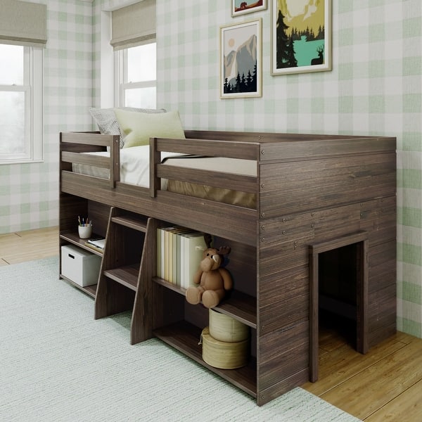 slide 2 of 8, Max and Lily Farmhouse Twin Low Loft Bed with 2 Bookcases Barnwood Brown