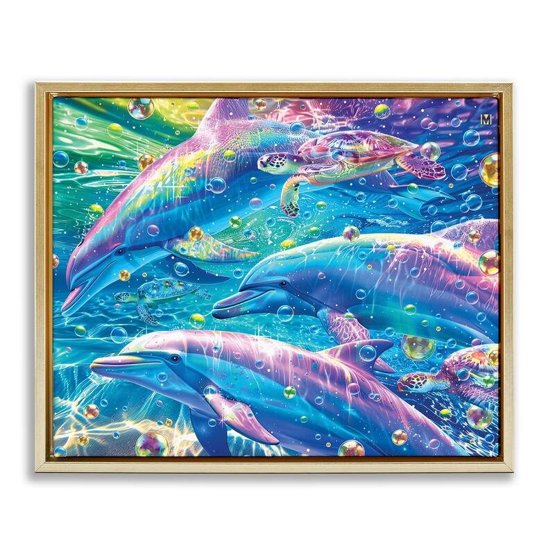 Stupell Chromatic Dolphins Trio Framed Floater Canvas Wall Art Design By Michael Ward - 31 x 25 - Gold