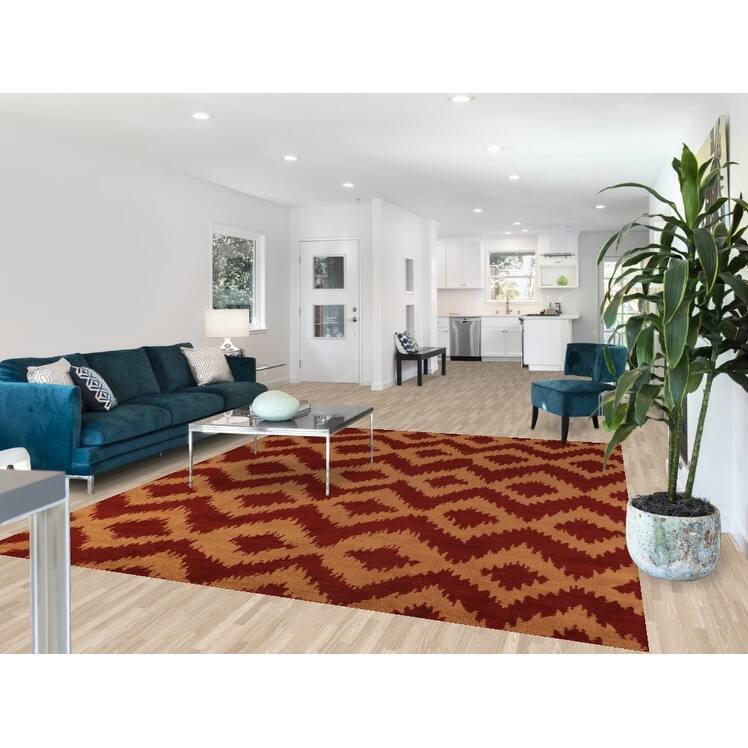 Hand Knotted Oriental 100% Wool Carpet Modern Geometric Red Moroccan Area Rug - 9' 7'' X 7' 11''