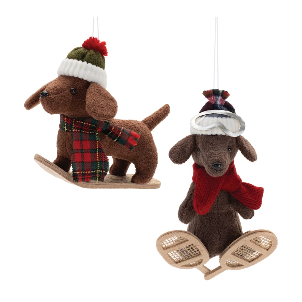 Set of 6 Plush Dog Christmas Ornaments with Snowboards and Snowshoes for Holiday Tree Decor - 6”L x 6”W x 9”H