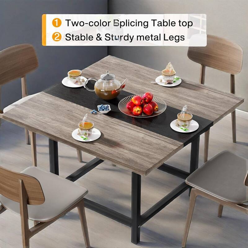 Square Dining Table 39 Inch Two Tone Vintage and Black Finish with Metal Legs Seats 4 People - 39.37" x 39.37" x 29.13"