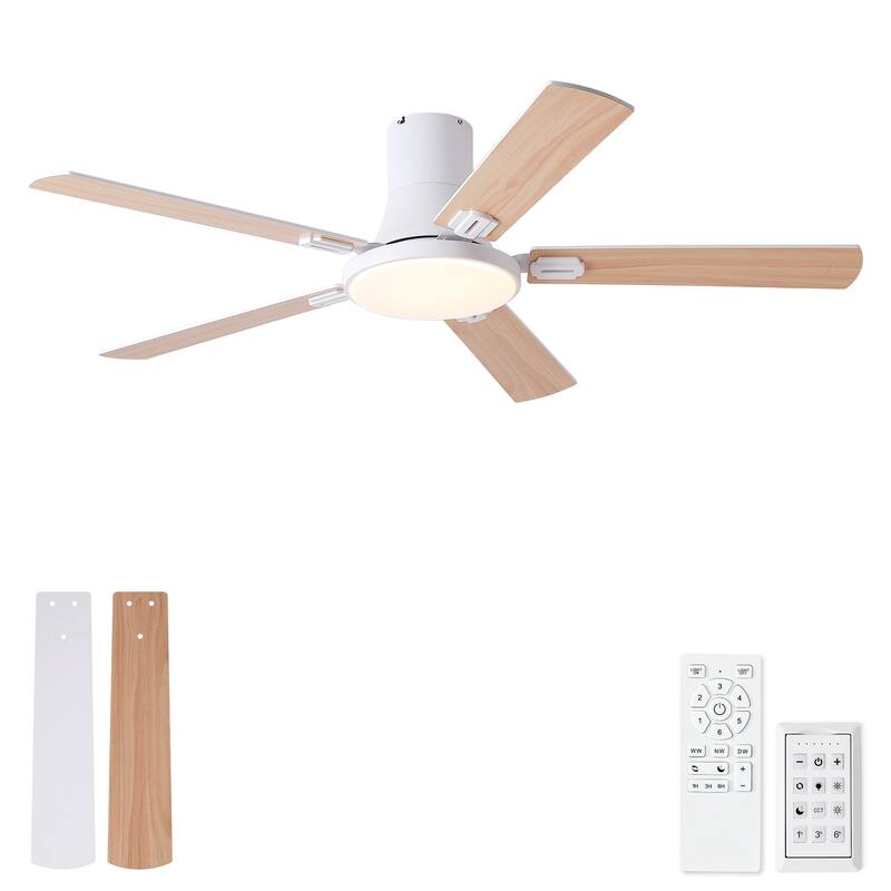 Sofucor 52 Inch Low Profile Flush Mount 5 Blades Ceiling Fan with Dimmable Light and Remote Control - 52 Inches