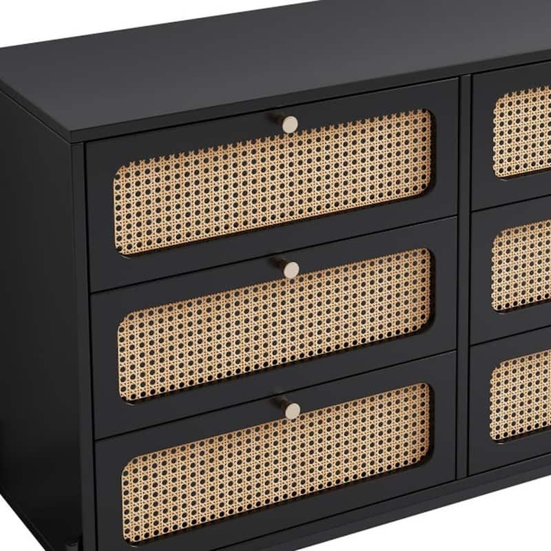 HomeRoots 47" Black Wood And Rattan Six Drawer Double Dresser
