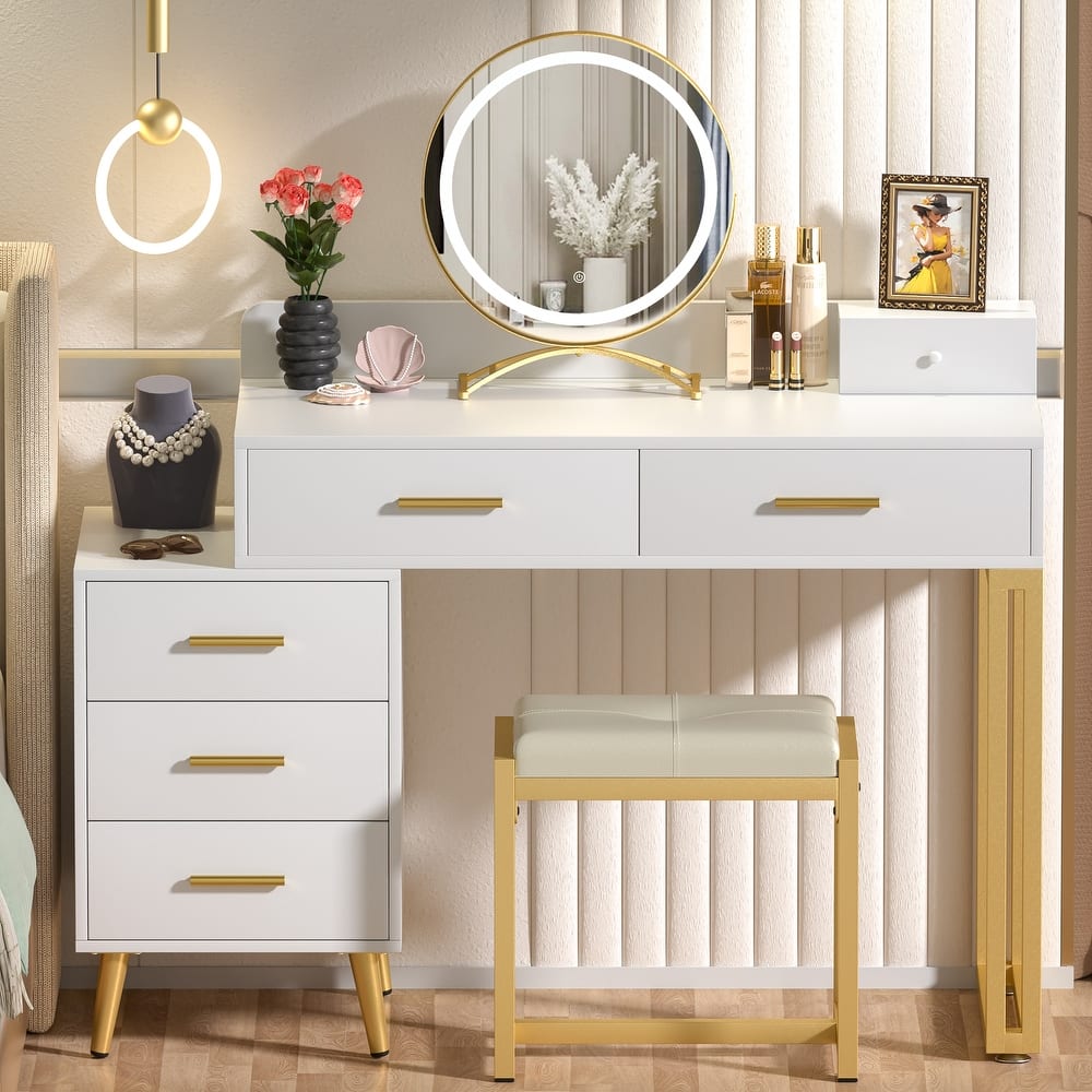 Makeup Vanity Desk with Stool and LED Mirror, Modern Makeup Table Vanity Desk with 6 Storage Drawers