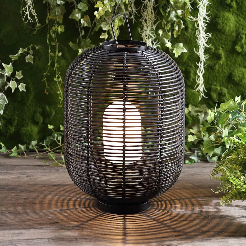 Bea 26.7" Outdoor Woven Oval Asian LED Lantern, Black by JONATHAN Y