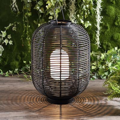 Bea 26.7" Outdoor Woven Oval Asian LED Lantern, Black by JONATHAN Y