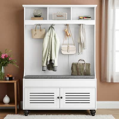 47.2" Hall Tree with Cushion Bench, 4 Hooks & Shutter-Style Doors, Entryway Coat Rack and Shoe Storage