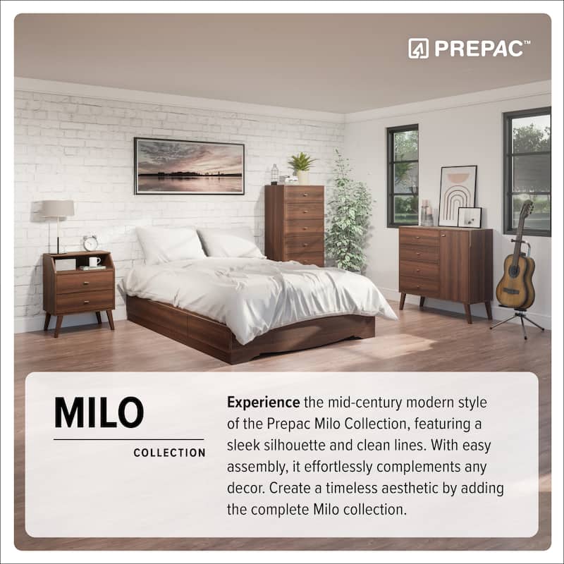 Prepac Milo Mid-Century Modern Bookcase with Six Shelves and Two Doors - 29 in. W x 62.25 in. H x 12 in. D