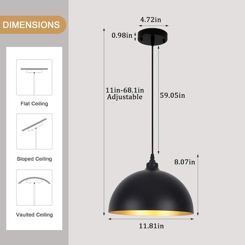 1 - Light 11.8" W Single Dome Pendant for Kitchen Island Dining Room (Set of 3) - W 11.81 in