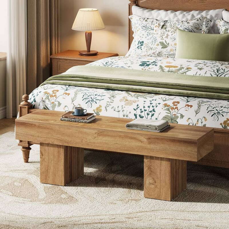 55 Inch Farmhouse Wood Entryway Dining Bench End of Bed Bench Hallway - 17.7" H × 55.11" W × 13.77" D - Brown - 17.7" H × 55.11" W × 13.77" D