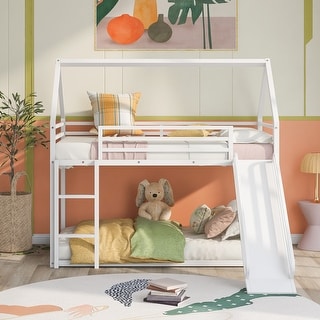House Bunk Bed with Sturdy Frame, Timeless Design,Built-in Ladder and Slide, Twin over Twin, White