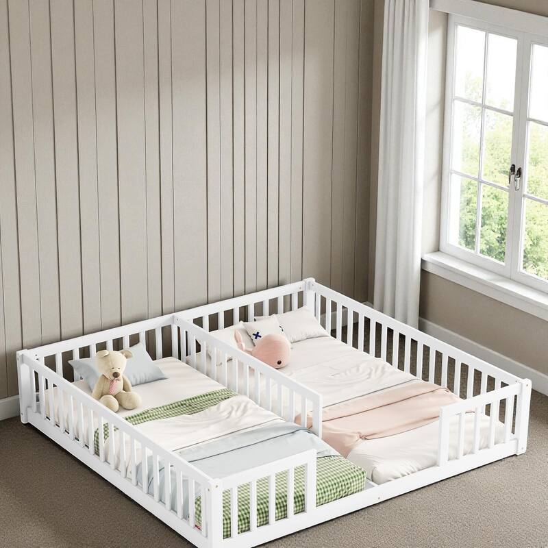 Double Twin Floor Bed with Fence and Guardrails, Solid Pine Wood Frame Montessori Bed for Kids