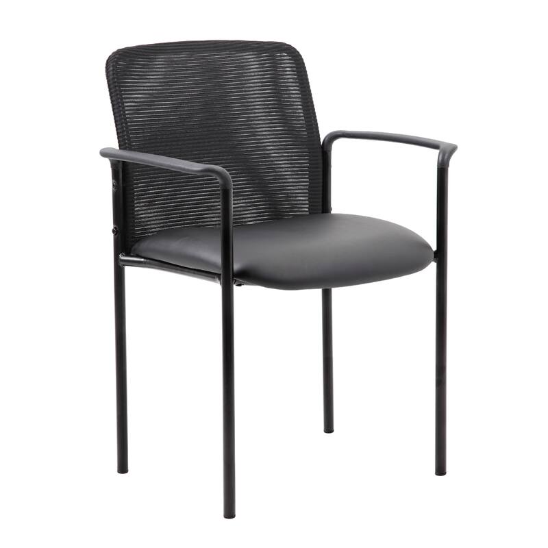 Vayu Guest Armchair, Black Mesh and Vinyl, Stackable Steel Frame