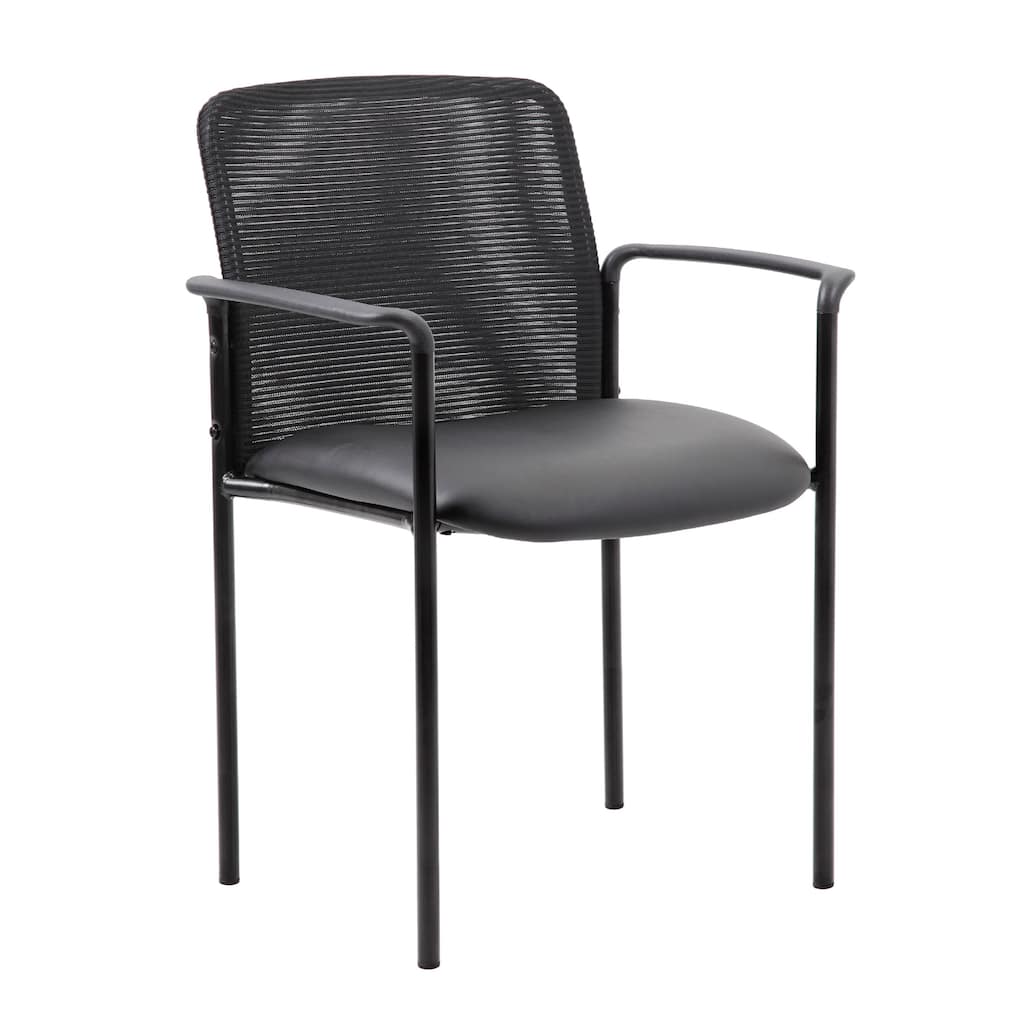 Vayu Guest Armchair, Black Mesh and Vinyl, Stackable Steel Frame