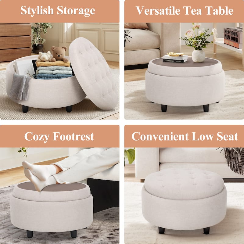 Fabric Storage Ottoman with Tray Lid - Footrest & Hidden Storage for Living Room​