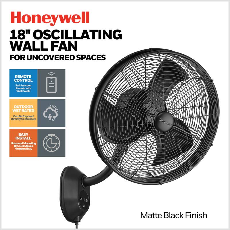 18" Honeywell Matte Black Outdoor Wet-Rated Oscillating Wall Fan with Remote, 3-Speed AC Motor - 18 Inches