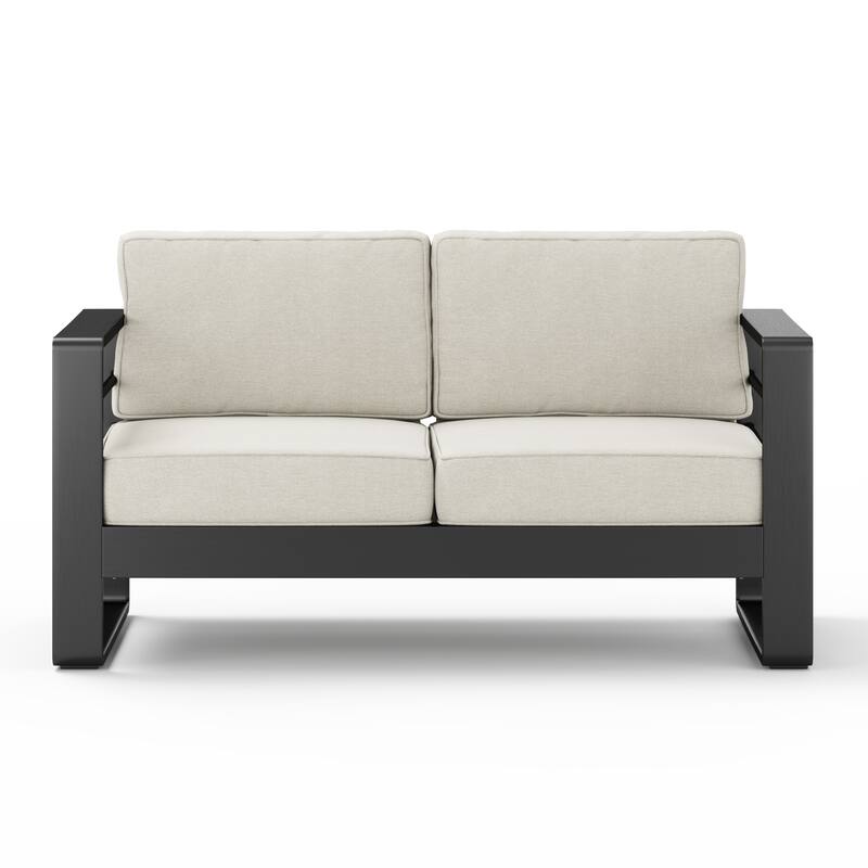 Roomfitters Maya Bay Outdoor Aluminum Loveseat with Rust Resistant Frame, Black and Beige