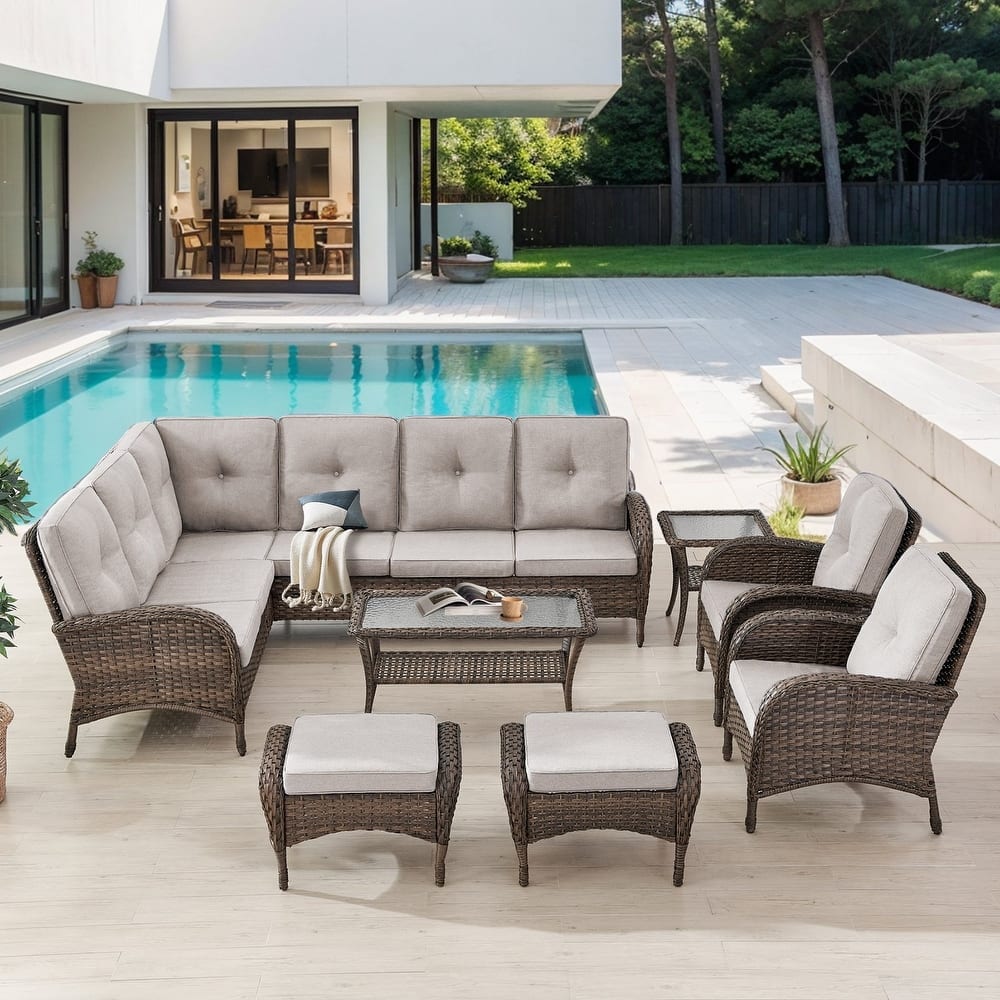 Gymojoy L-Shaped Outdoor Sectional Sofa Set with Patio Chairs Ottomans & Coffee Table