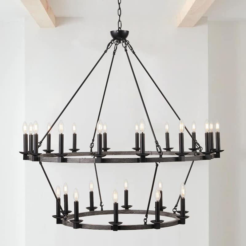 26-Lights Multi Tiers Farmhouse Wagon Wheel Chandelier - 47.2"D×4.7"W×108.2"H(Adjustable) - Black - 47.2"D×4.7"W×108.2"H(Adjustable)