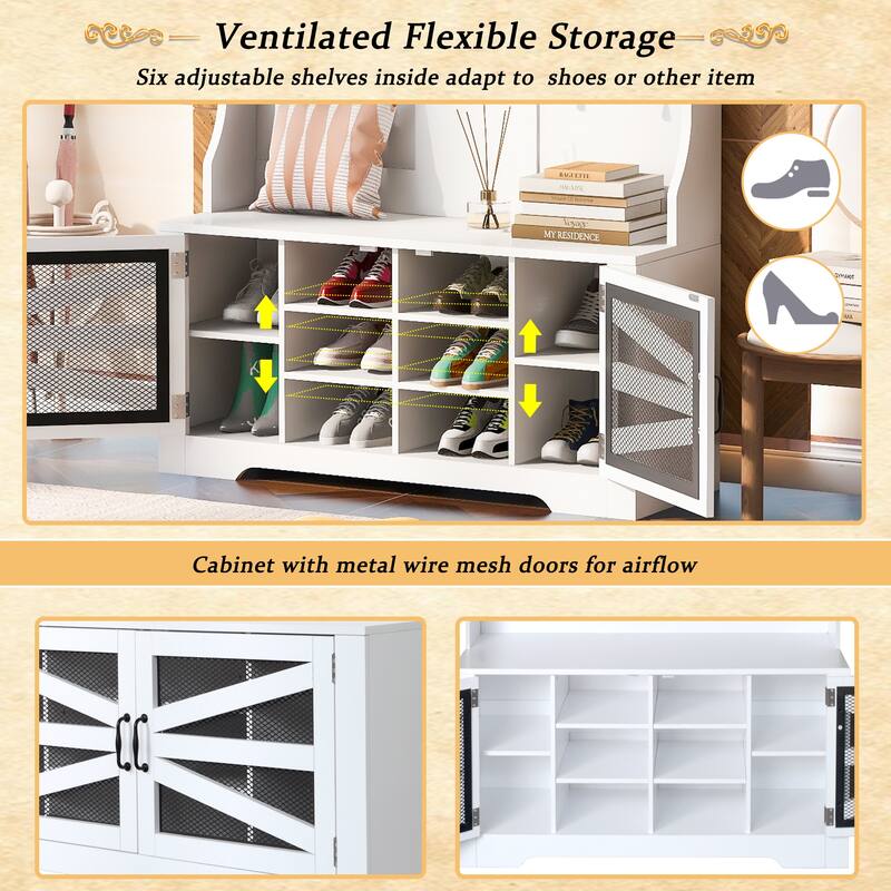 Breathable Hall Tree Cabinet Coat Rack with Adjustable Shelves & Bench Seat, Shoe Storage Cabinet with Wire Mesh Door