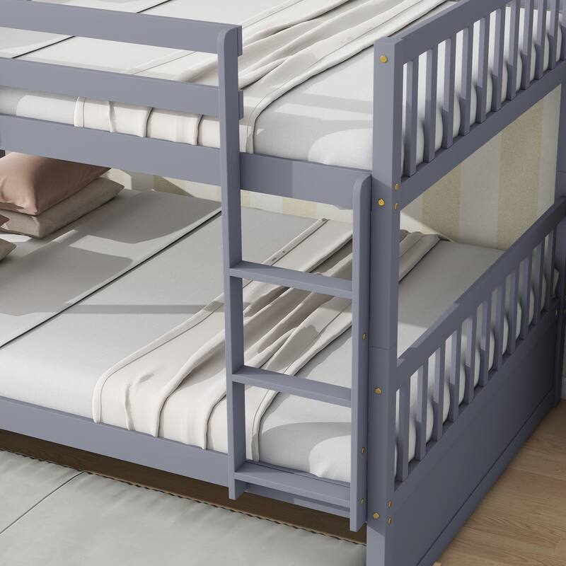 Roomfitters Full Over Full Rubber Wood Bunk Bed with Trundle, Convertible to Two Full Beds with Ladder and Guardrails