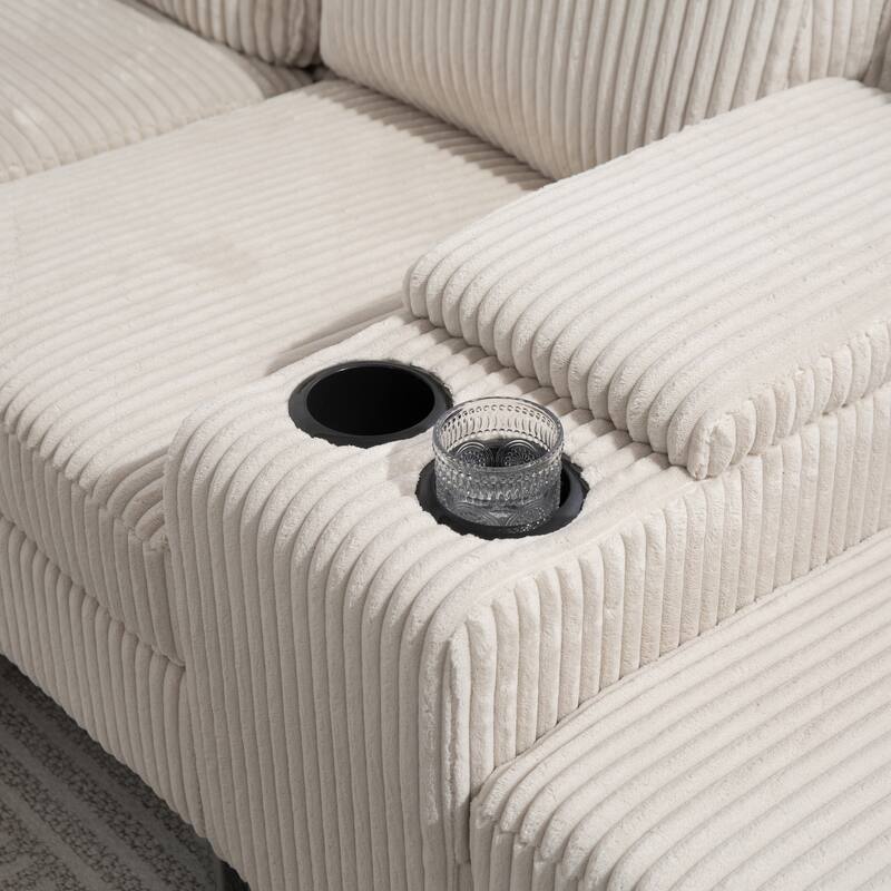 129.14" Corduroy 6-Piece Modular Sectional Sofa with Storage Ottoman, USB Charging and Cup Holders