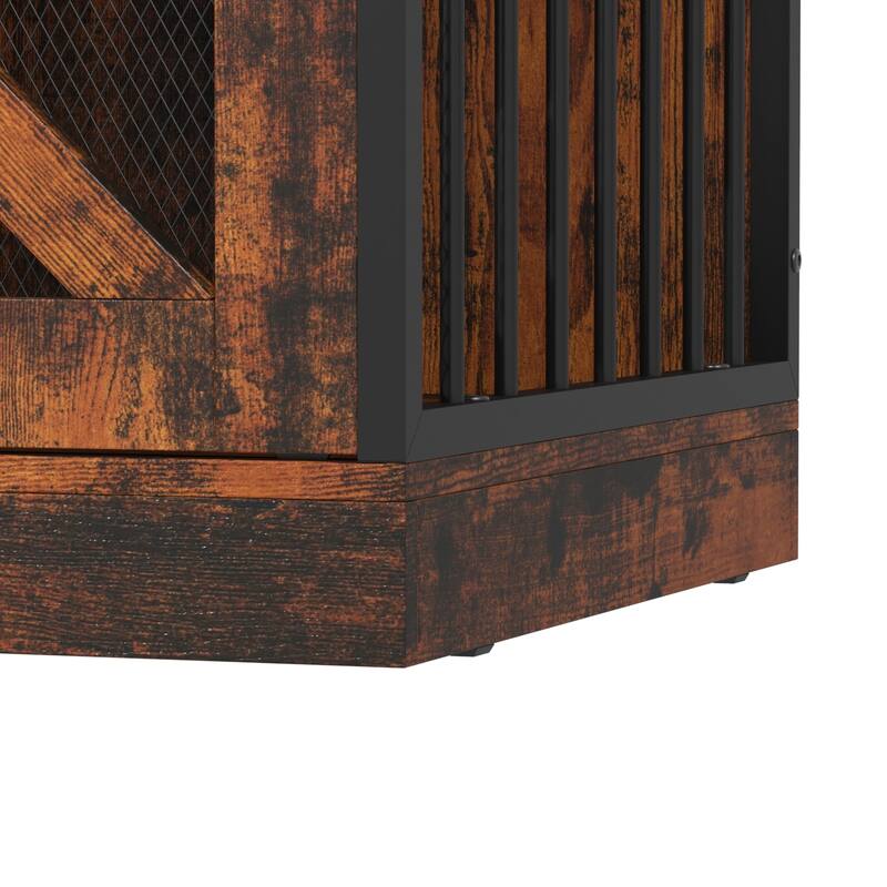 Double Dog Crate Furniture w/Drawers for Small Dogs, Rustic Farmhouse Dog Kennel End Table, Sliding Barn Doors - 47.2"W