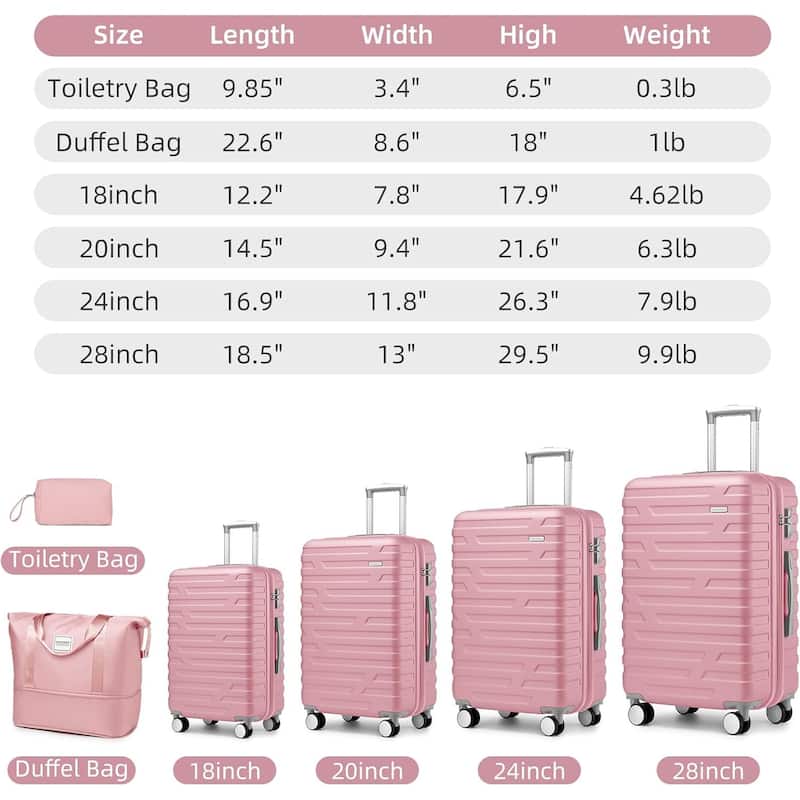 6-Piece Modern Hardshell Expandable Luggage with Travel Bag, Spinner Wheels and TSA Lock, for Boarding Travel, Light Pink