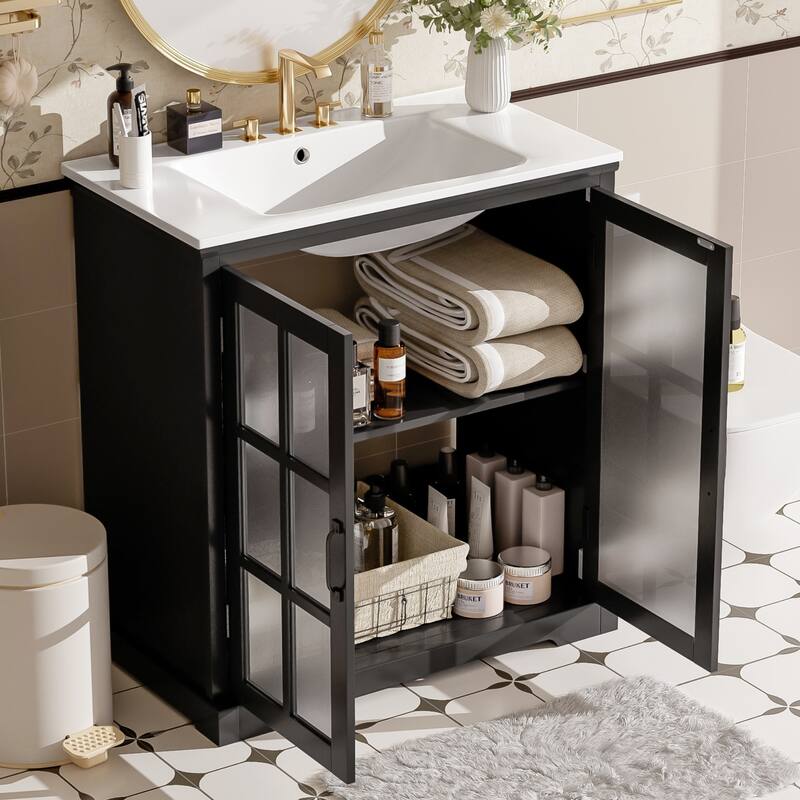 30"Bathroom Vanity with Ceramic Sink, Tempered Blurred Glass and Matte Black Handles, Large Storage Space and Rubber Wood Frame