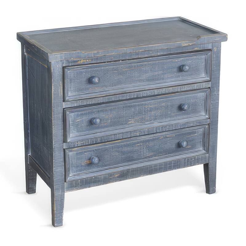 Rena Side End Table with 3 Drawers, 28 Inch Rustic Blue Mahogany Wood