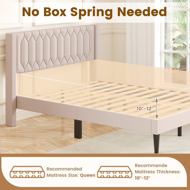 Modern Queen Velvet Upholstered Bed Frame with Cushioned Wingback and 10 Legs Slatted Platform