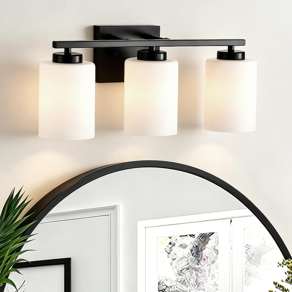 3-Light 17 in. Matte Black Vanity Light with Frosted White Glass Shades, Dimmable, Up/Down Light, Damp Rated