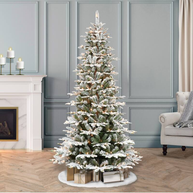 Puleo International 6.5' Pre-Lit Slim Flocked Aspen Fir Artificial Christmas Tree - 6.5 Foot - Green