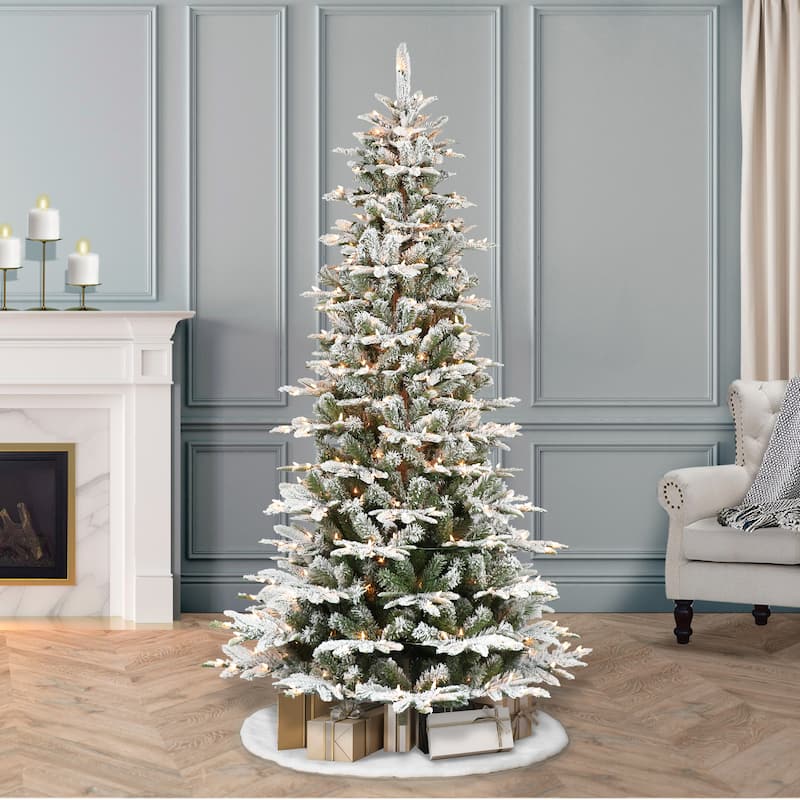 Puleo International 7.5' Pre-Lit Slim Flocked Aspen Fir Artificial Christmas Tree