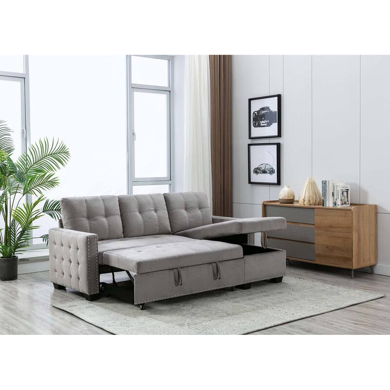 Classic and Cozy L-shape Pull-out Sleeper Sectional Sofa - Light Grey+Fabric