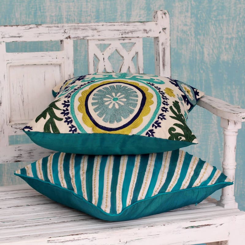 NOVICA Aqua Fusion Embroidered cushion covers