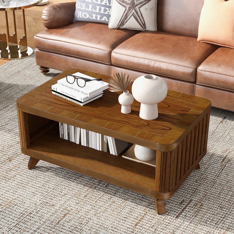 41.5" Rectangular Coffee Table, Solid Wood Fluted Coffee Table 2 Tier Storage Center Table Tea Table with Open Shelf