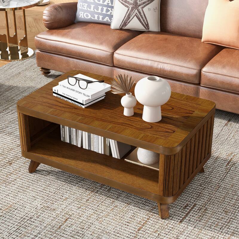 Rectangular Wooden Coffee Table Wooden Center Coffee Table with Open Storage Shelf Solid Wood Legs for Living Room - Beige