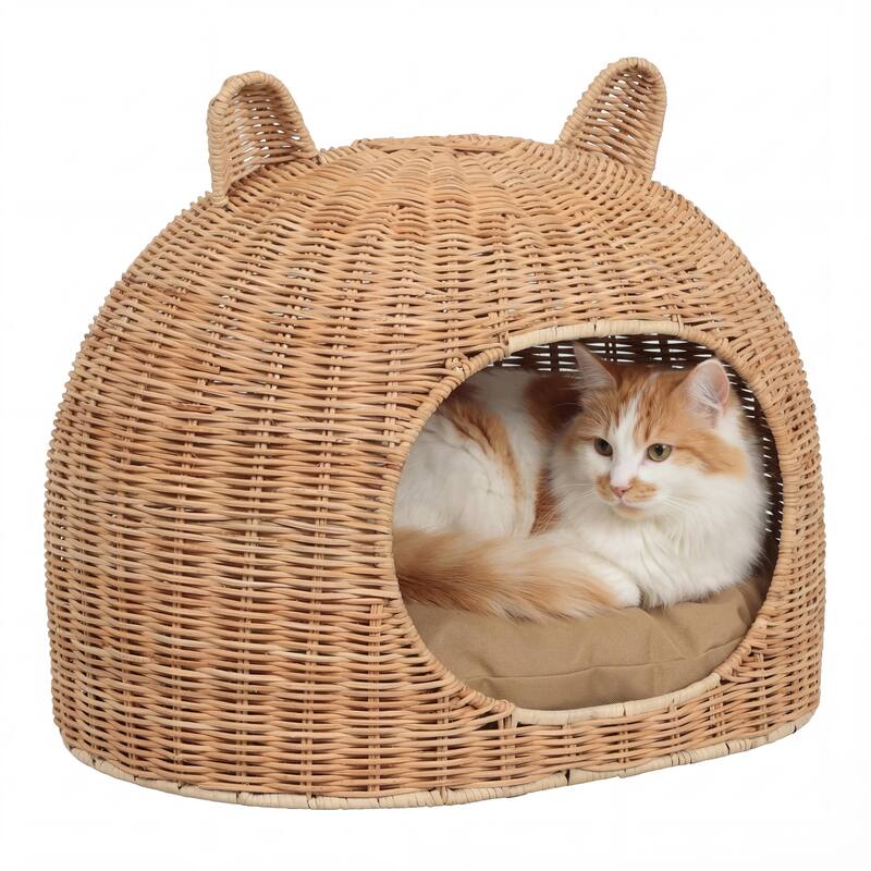 Cat Ear Handwoven Rattan Cat Bed with Machine-Washable Cushion - Light Brown