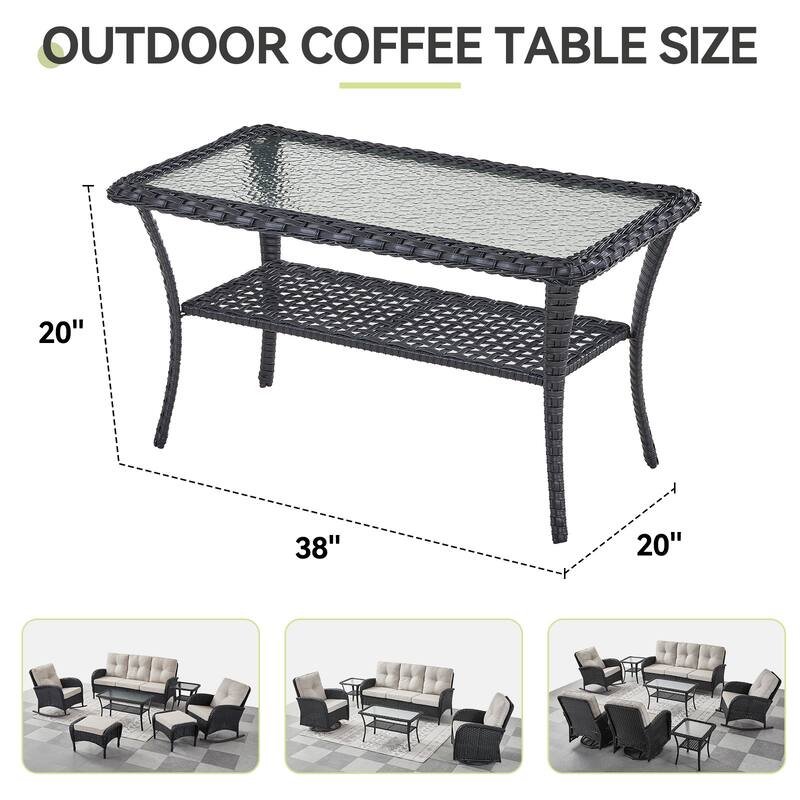 Outdoor Wicker Patio Coffee Table with Glass Top and Storage Shelf