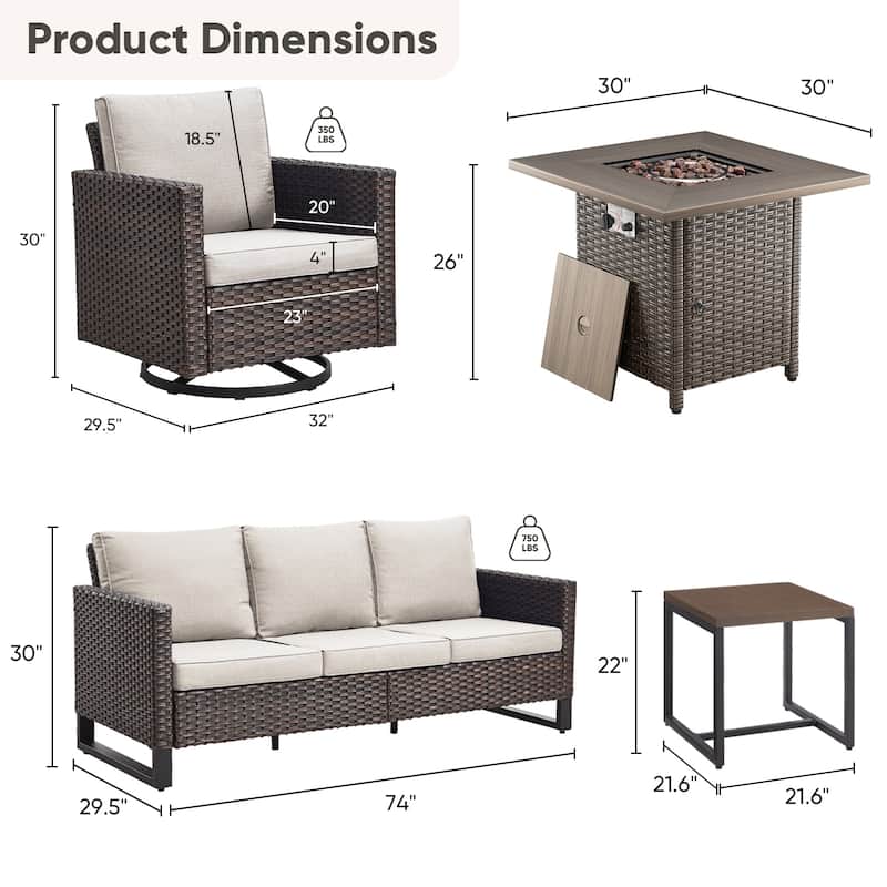 5 Pieces Fire Pit Table with Sofa Swivel Chair Set