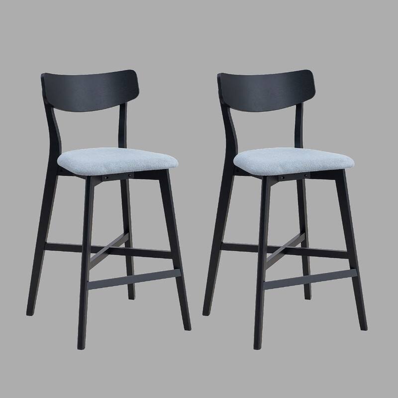 2-Piece Bar Chair Set, Solid Rubber Wood Frame, Upholstered Counter Stools with Footrest - Black