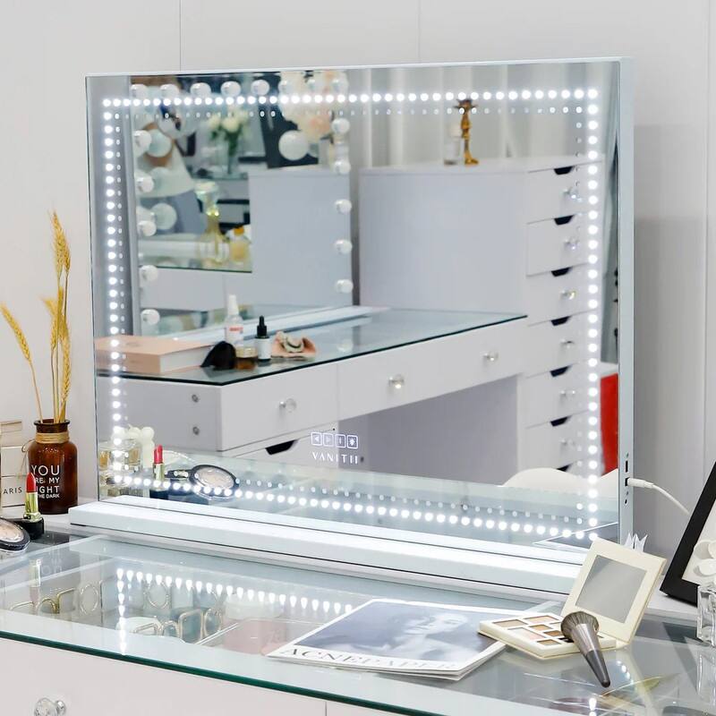 Hollywood 32'' x 23'' Vanity Makeup Mirror With LED Beads Wall Mount Bluetooth Speaker White