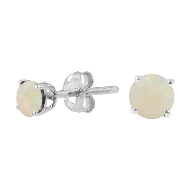 Sterling Silver Round 4mm Gemstone Birthstone Stud Earrings - White - Opal