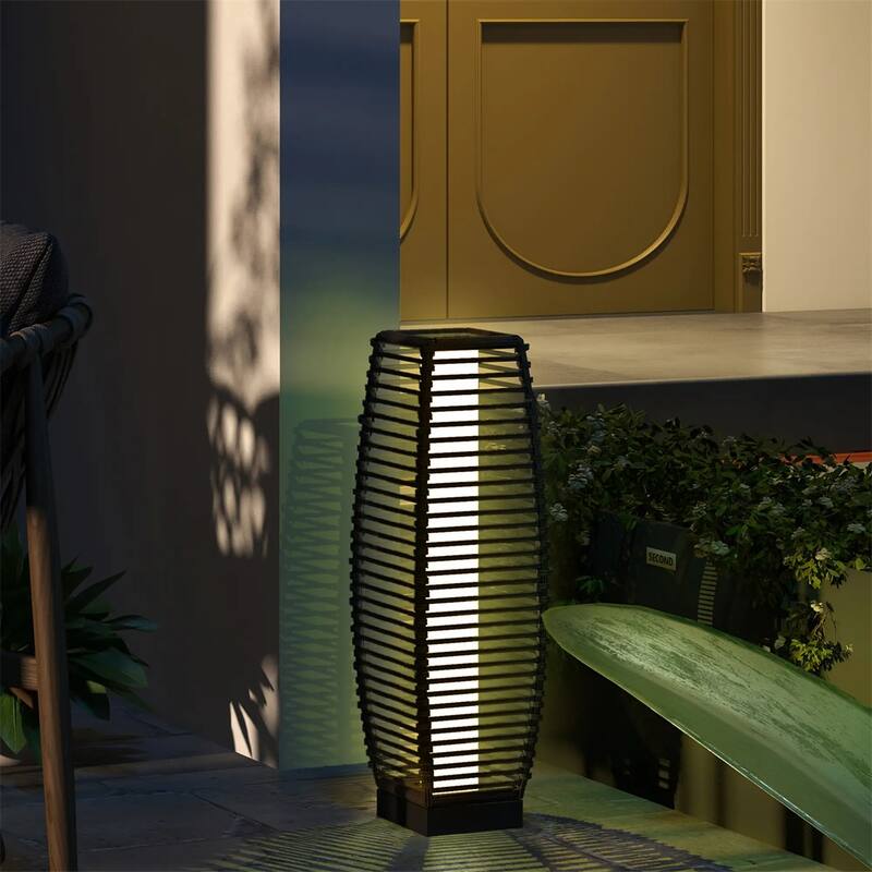 Outdoor Solar Floor Lamp with Warm White LED Waterproof Rattan and Steel Patio Lighting - 7.75" W x 7.75" D x 26.75" H