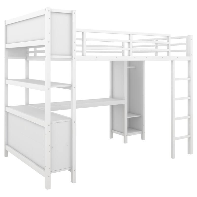 White Metal Full Loft Bed with L-Shaped Desk, Wardrobe and Space-Saving Design
