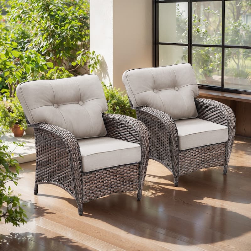 TWrap Brown Wicker Patio Armchairs with 5-Inch Thick Cushions (2-Pack) - Brown/Beige - 2-Piece